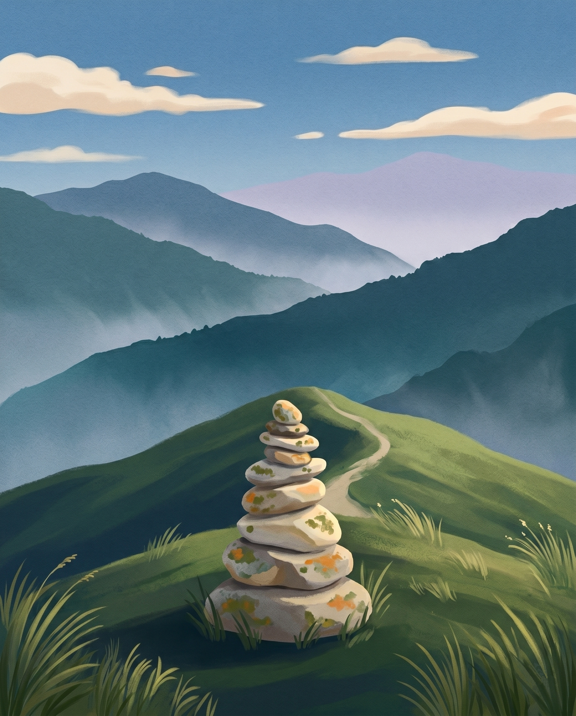 A cairn of balanced stones on a mountain ridge