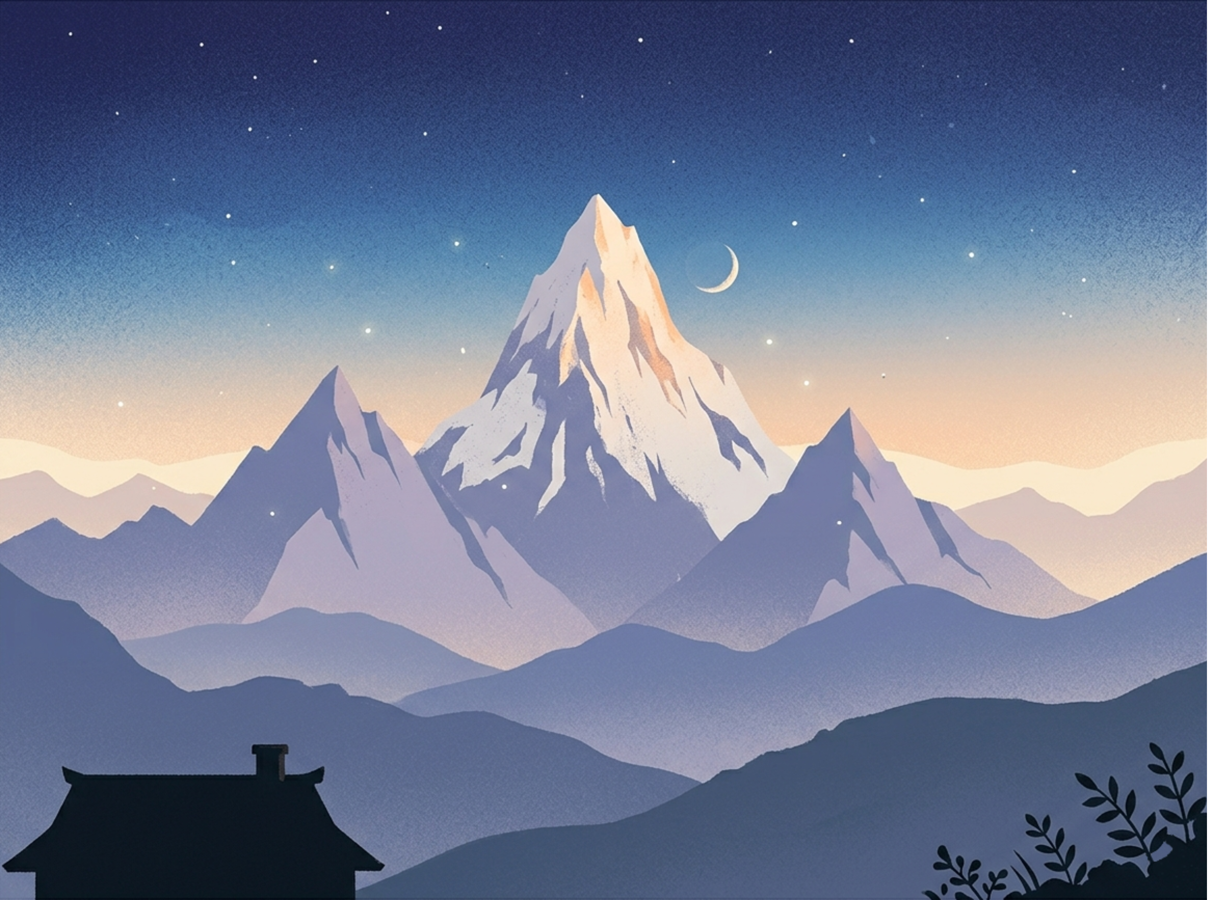 A moonlit mountain at dusk above quiet ridgelines