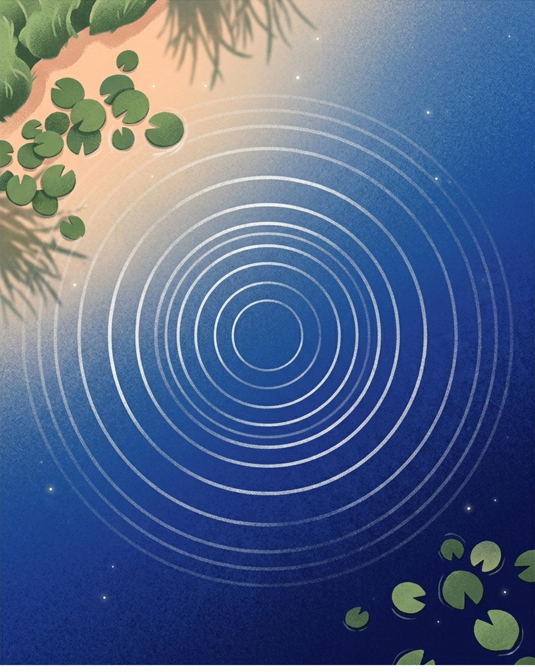 A still pond with one set of ripples spreading outward